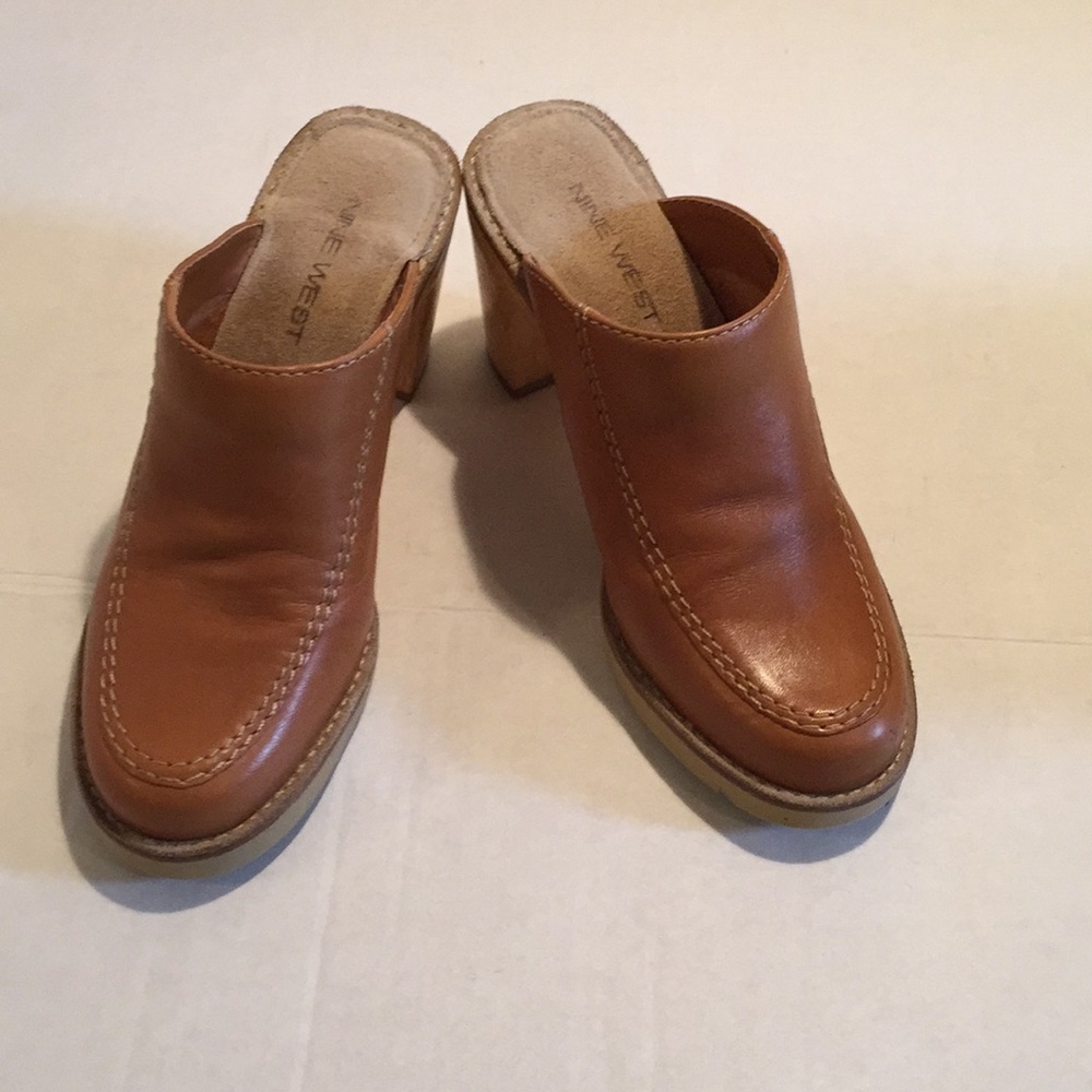 Nine West Leather Broad Heel Brown Clogs- Size 6.5